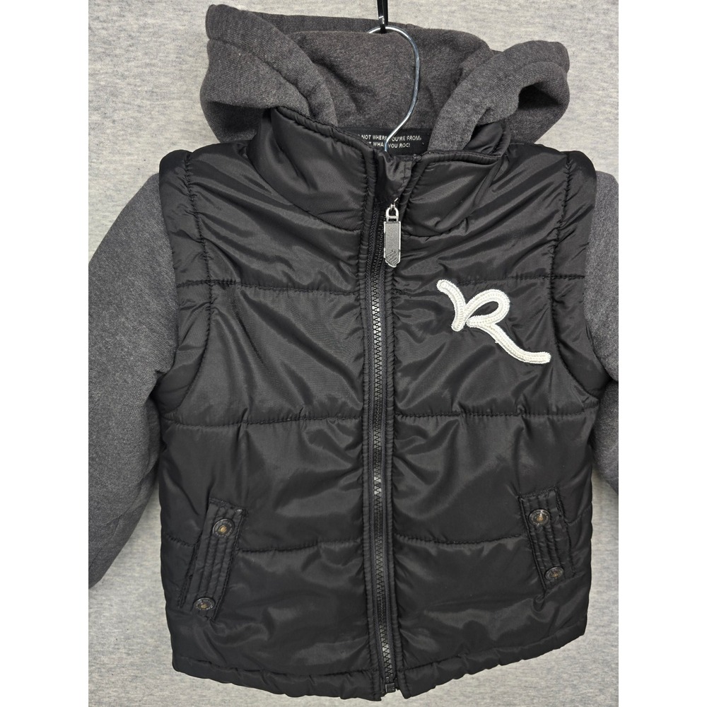Rocawear Kid Black Puffer Jacket Grey Jersey Sleeve Hood Coat Size 4/5 Insulated
